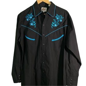 Ely Cattleman Long Sleeve Embroidered Black & Teal Pearl Snap Rockabilly Shirt L